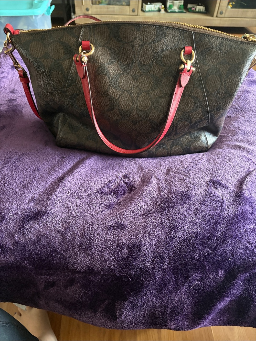 Coach Brown Signature Canvas Tote with burgundy red Trim - Picture 2 of 4